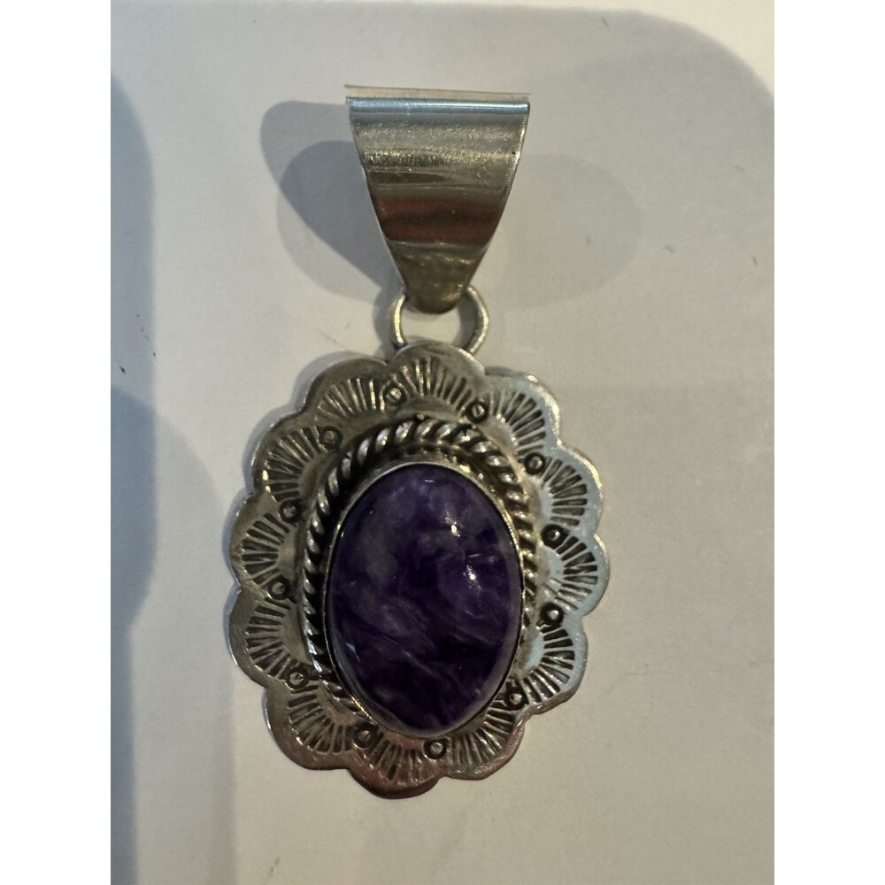 Vintage NavajoSterling Silver Charoite Pendant Scalloped Signed M Artist See Des